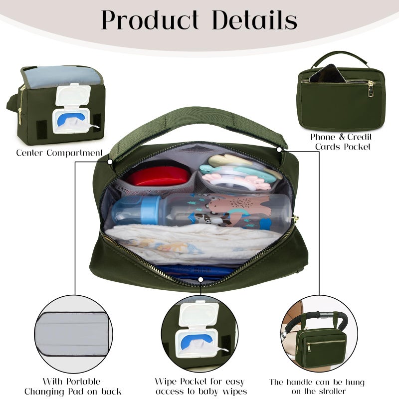 printe Small Diaper Bag with Portable Changing Pad, Crossbody Diaper Pack with Wipes Pocket, Women Waist Bag for Travel Stroller, Olive Green - Image 3